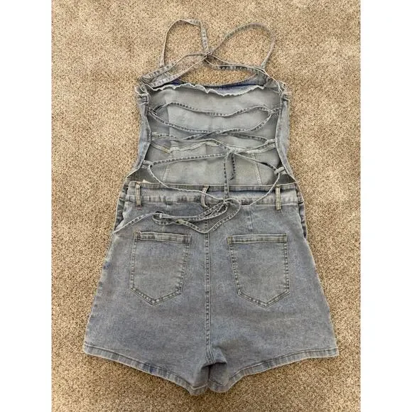 SHEIN Denim Romper Lace Up Back Large - Picture 2 of 6